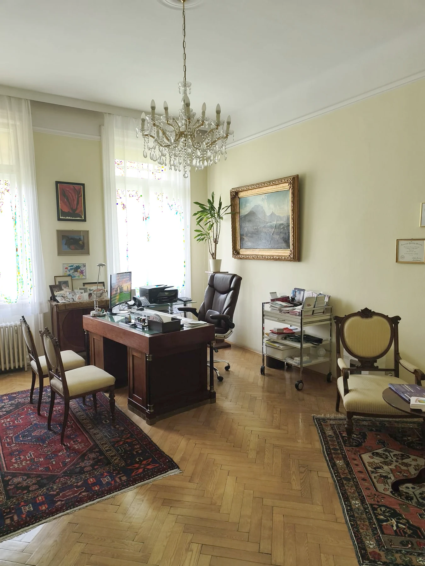 Sprechzimmer der Ordination Dr. Fischl mit Schreibtisch und Sitzbereich