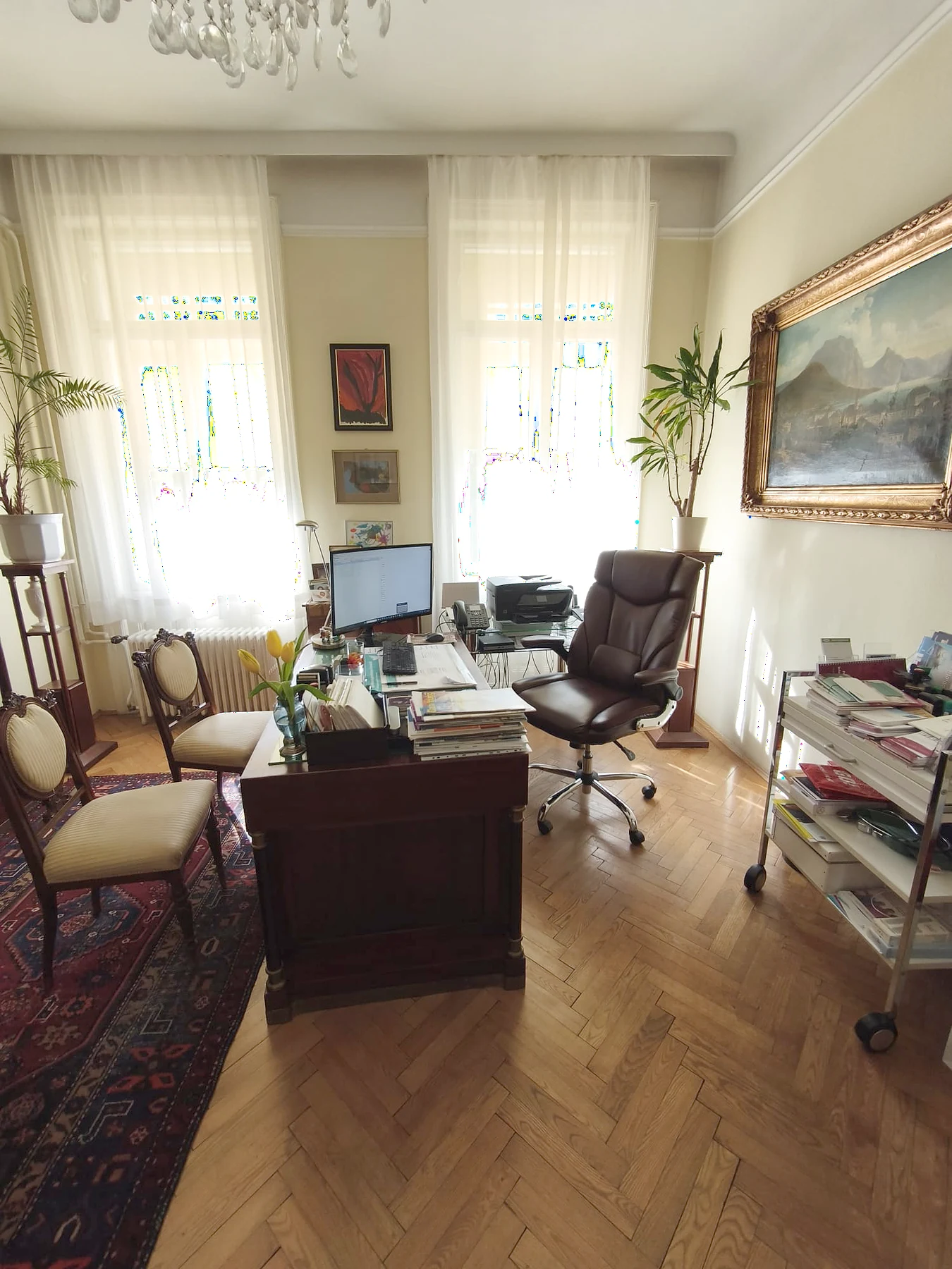 Schreibtisch und Beratungsplatz im Sprechzimmer der Ordination Dr. Fischl